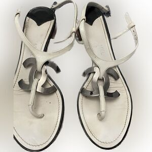 Chanel white silver logo sandals